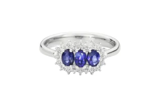 Clearance Anello Trilogy con Zaffiri in oro bianco 18 Kt e contorno di diamanti | R77TC001/ZB-14 Donna Gioielli Donna