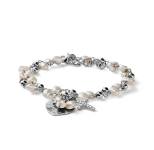 Fashion Bracciale Donna Due Giri Con Perle Pendenti Cuore E Croce Mariacristinasterling | G4282 Donna Gioielli Moda Donna