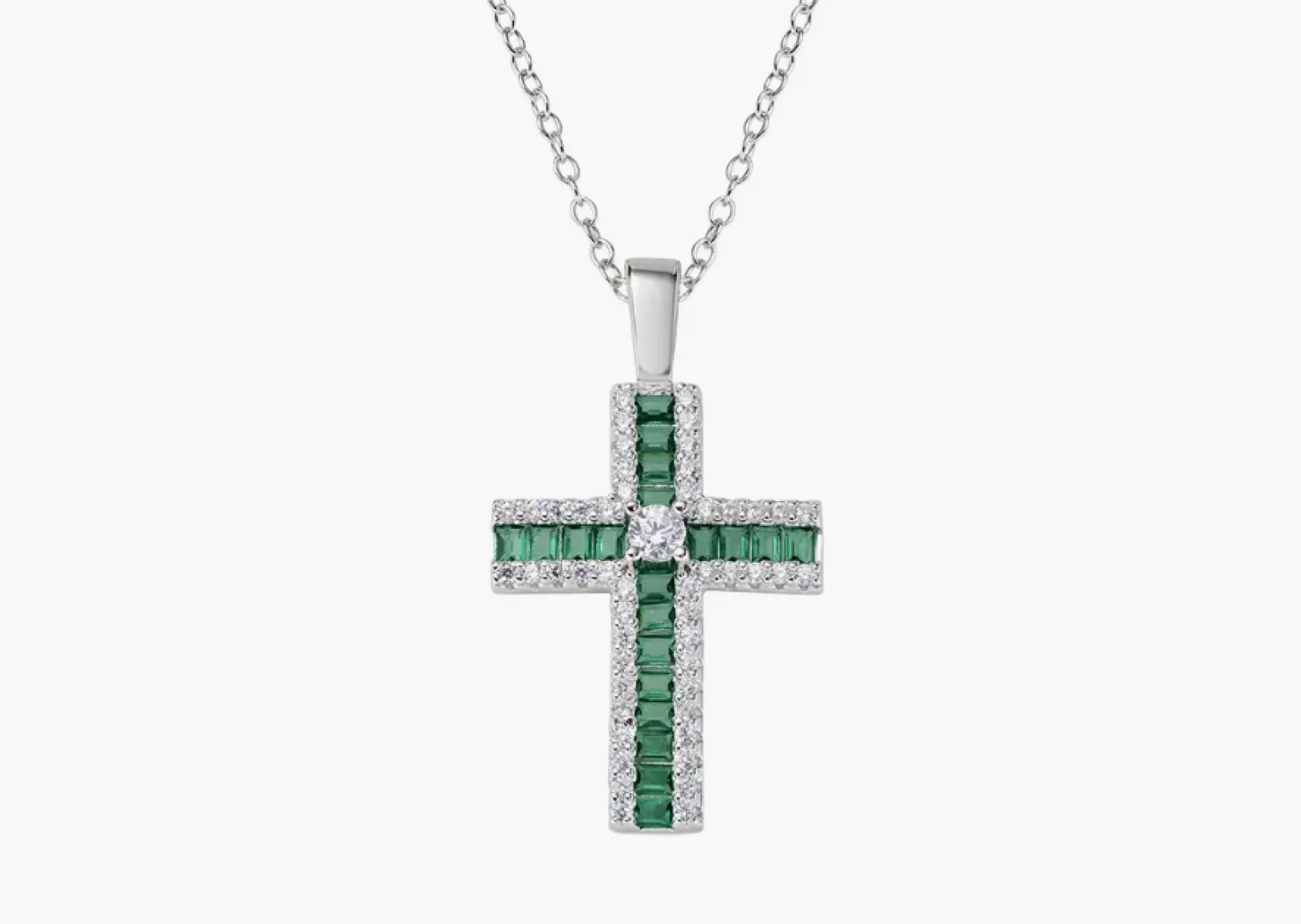 collana_con_croce_di_zirc_0-2.webp Discount Collana con Croce di Zirconi Verdi Baguette e Bianchi | CLCRBABBVEZ Donna Gioielli Moda Donna