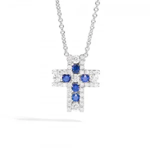 Outlet Girocollo Croce In Oro Diamanti E Zaffiri Gioielli Decò | P10CR845/ZB-45 Donna Gioielli Donna